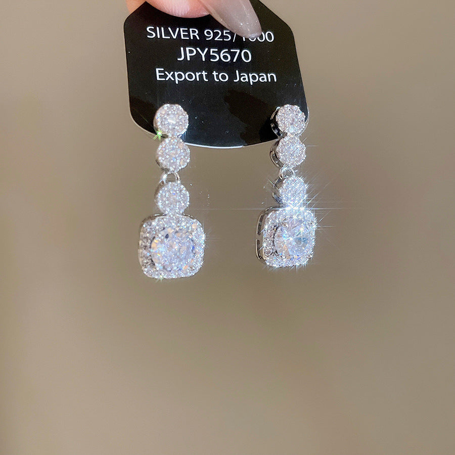 銀針超閃鋯石幾何圓形吊墜耳環時尚百搭氣質耳釘輕奢高級感耳飾女
