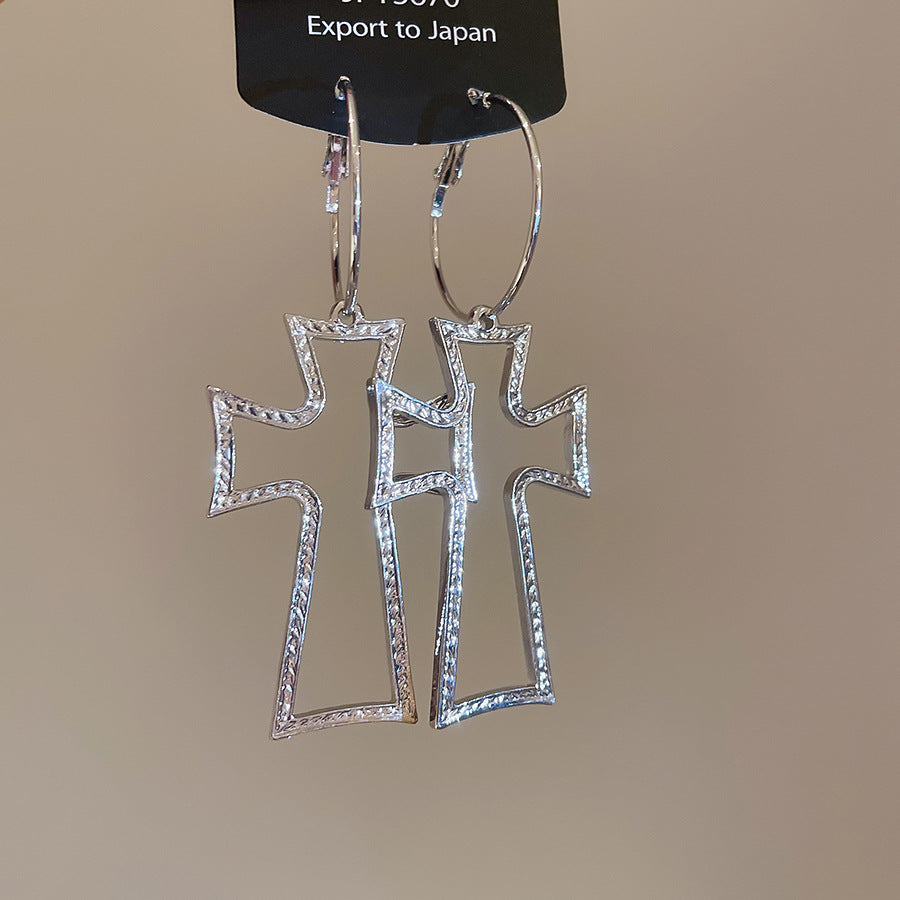 銀針褶皺鏤空十字架吊墜圓形耳圈歐美跨境耳環時尚耳飾設計感小眾