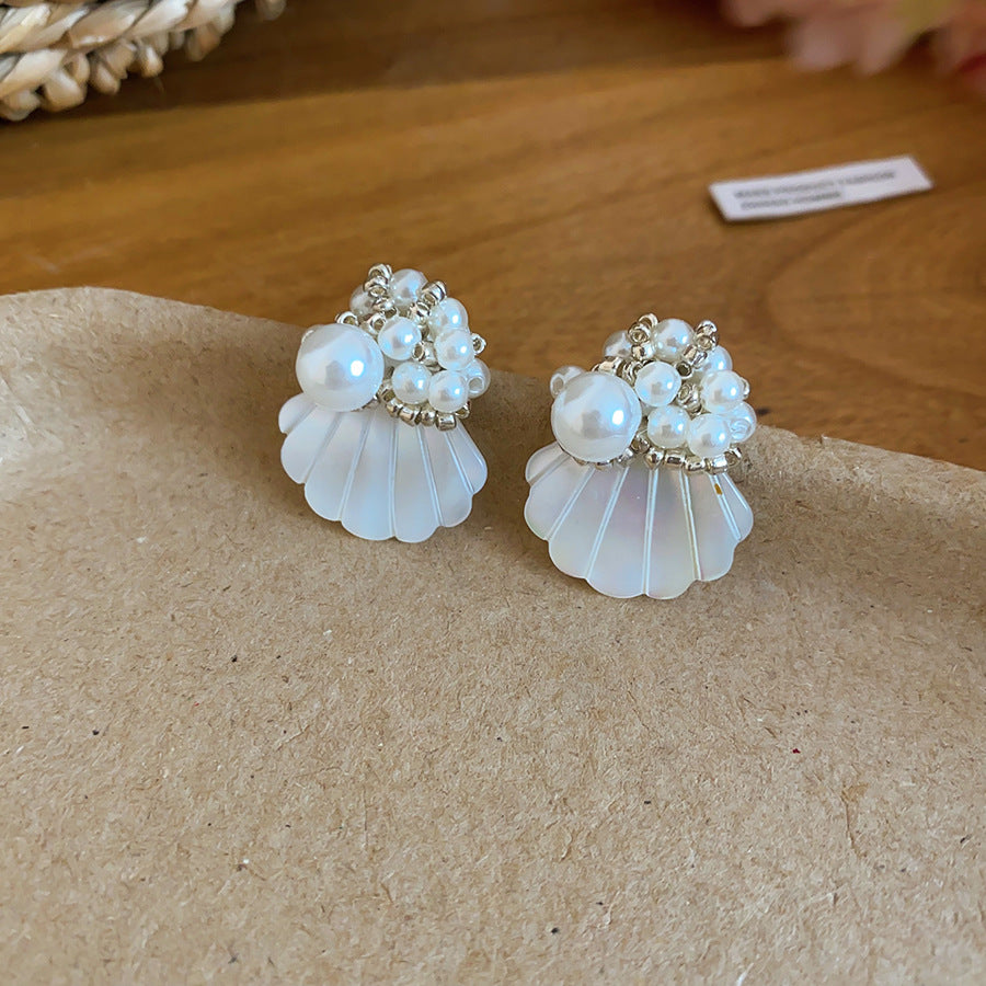 法式經典珍珠貝殼花朵耳釘海島度假風清新甜美耳環小眾設計感耳飾