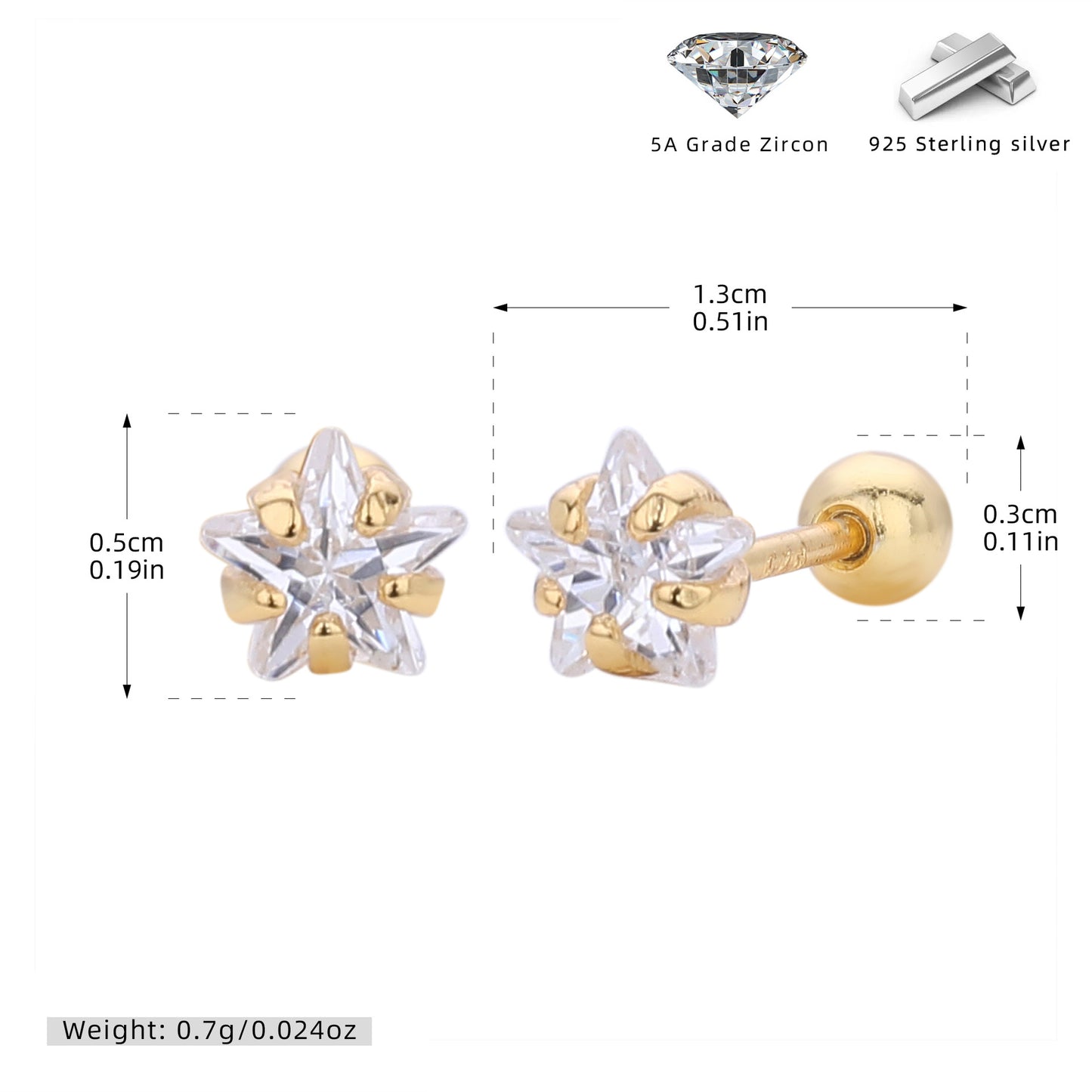 S925 五角星星鋯石耳釘女款簡約小巧氣質擰帽螺紋耳骨蝸釘飾品