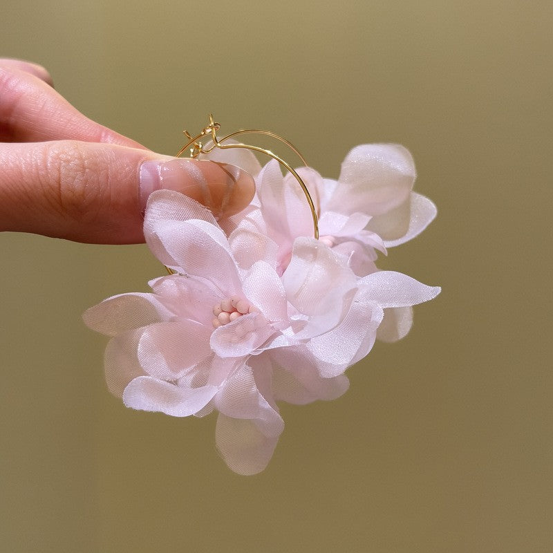 粉色銀針花朵流蘇耳釘