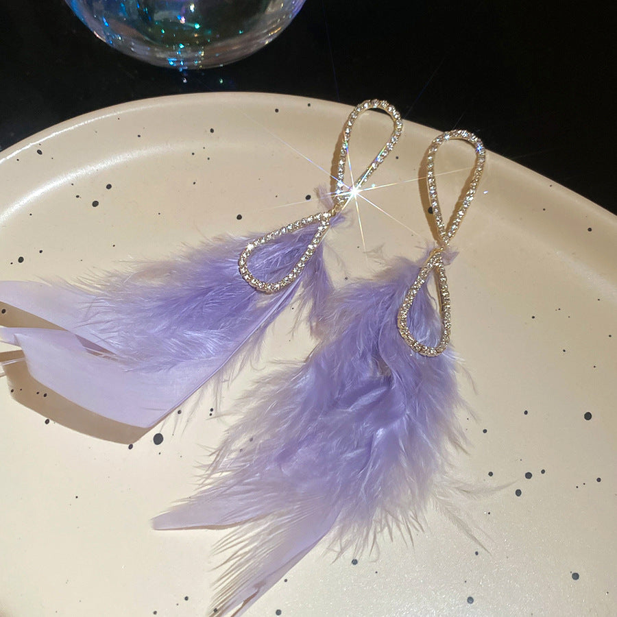 銀針鑲鉆羽毛流蘇耳釘優雅氣質溫柔氛圍感耳墜耳環輕奢高級感耳飾