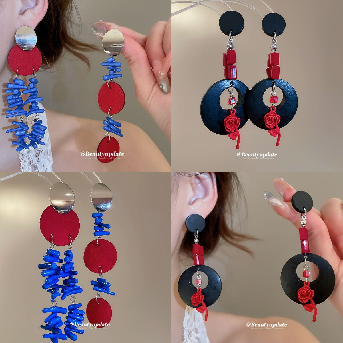 銀針克萊因藍木質花朵吊墜耳環新中式百搭耳墜耳飾設計感小眾批發