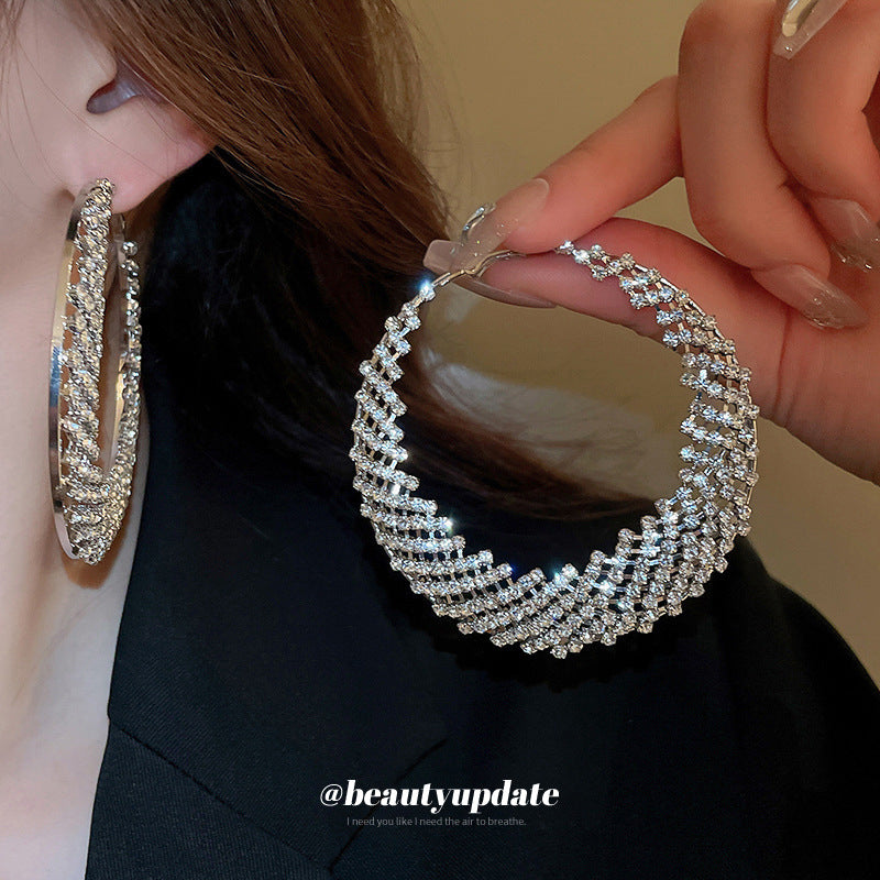 銀針鑲鉆圓圈耳圈歐美夸張小眾高級感耳環氣質輕奢大氣走秀耳飾女