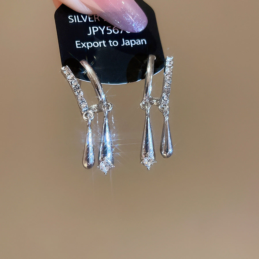 超閃鋯石水滴C形吊墜耳扣時尚百搭氣質耳釘耳墜輕奢高級感耳飾女