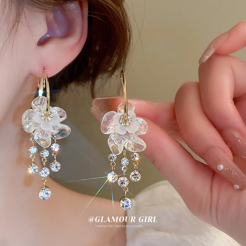 銀針透明花朵水鉆流蘇耳環小眾輕奢設計感耳圈個性百搭氣質耳飾女