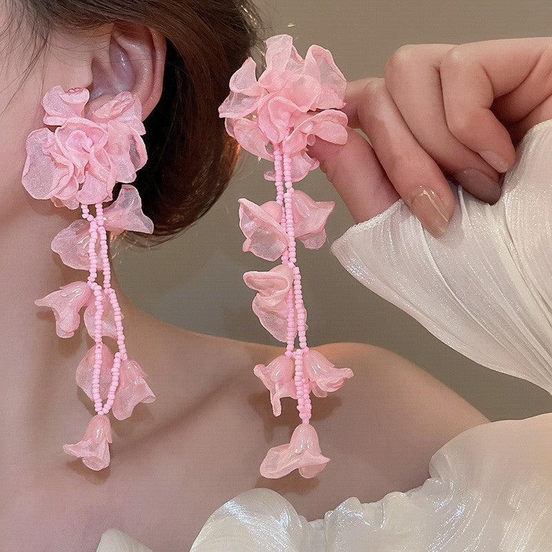 粉色銀針花朵流蘇耳釘