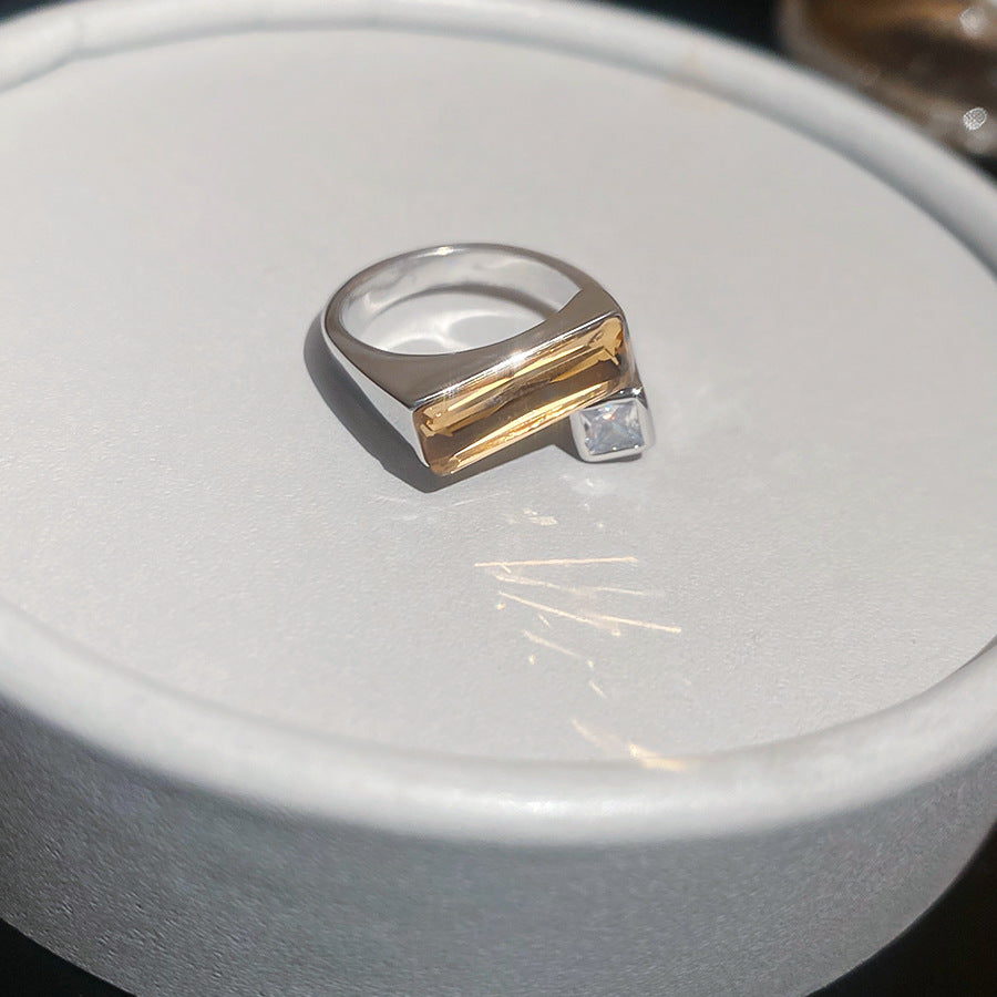 18K真金電鍍長方形戒指簡約鑲鉆開口指環歐美冷淡風復古食指戒女