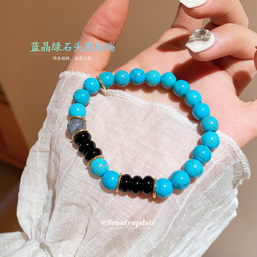 藍晶綠石頭黑瑪瑙幾何圓形串珠手鏈復古氣質手串小眾設計感手飾女