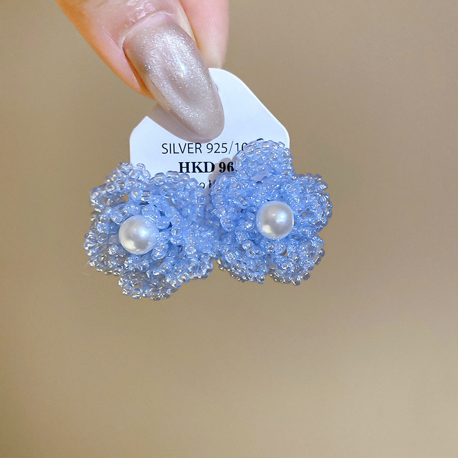 耳畔生花~銀針水晶花朵珍珠編織簡約耳釘清新甜美風耳環超仙耳飾