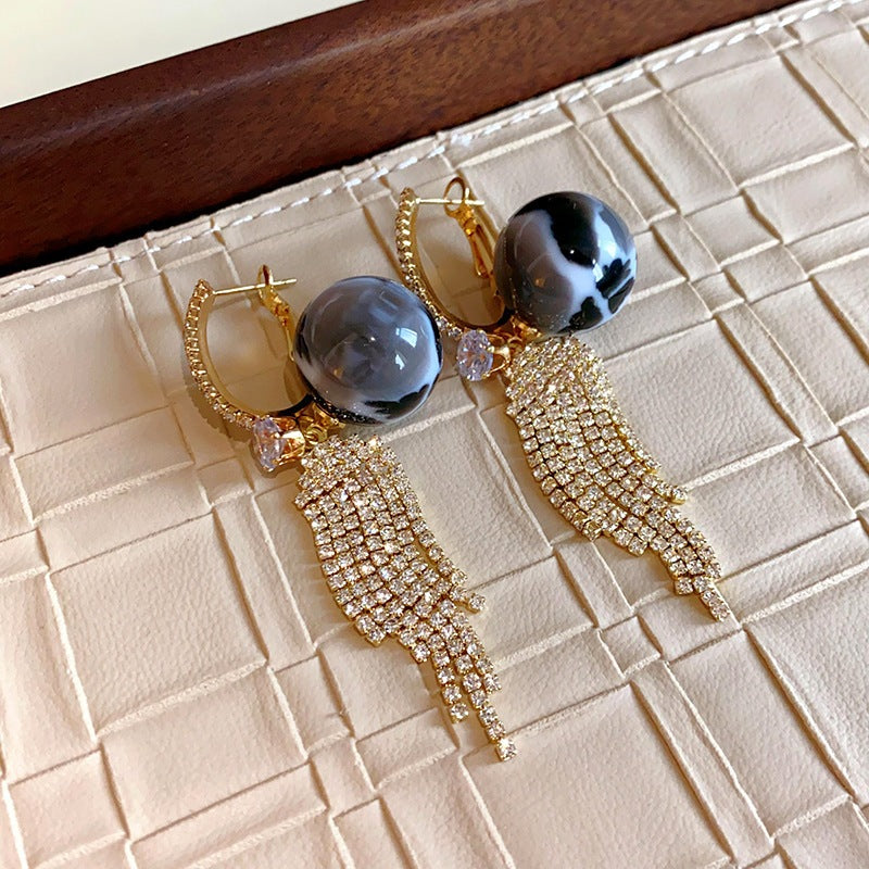 銀針鑲鉆鋯石珍珠圓形流蘇耳圈超仙絕美時尚耳環輕奢高級感耳飾女