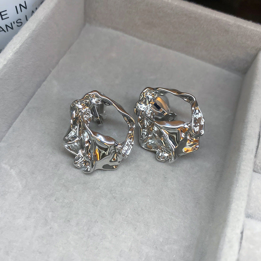 耳夾~18k真金電鍍褶皺圓形金屬耳環歐美跨境時尚設計感小眾耳飾女
