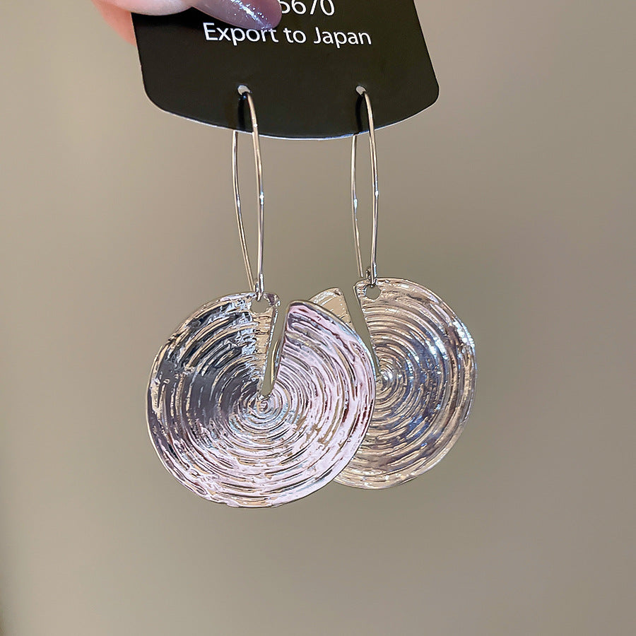 歐美跨境圓形紋路吊墜耳鉤時尚簡約氣質金屬耳環小眾設計感耳飾女
