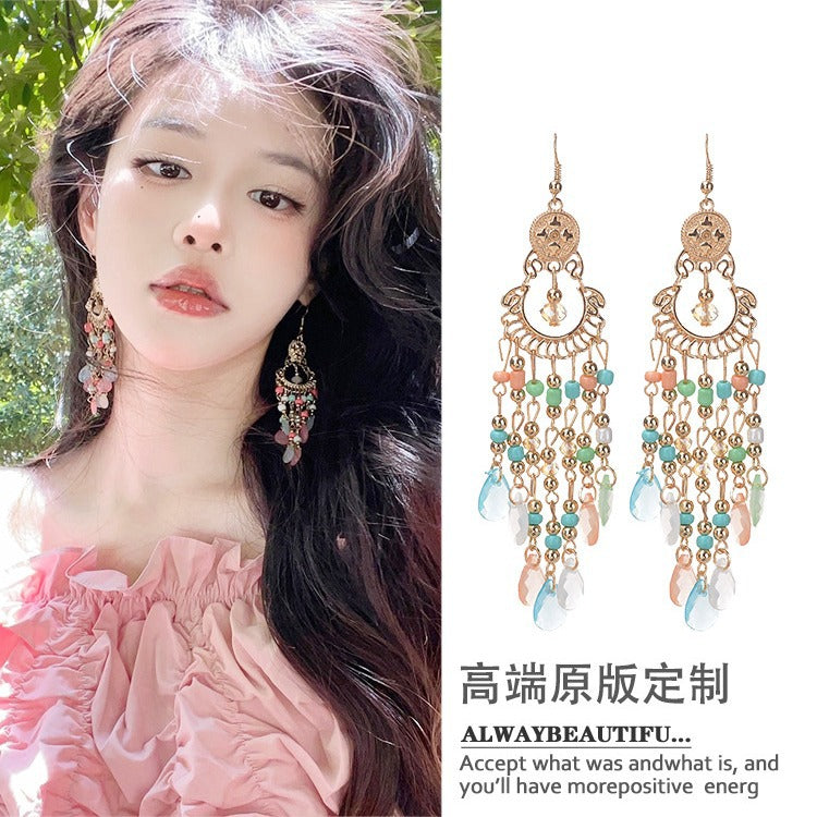 波西米亞風彩色人造水晶款耳環小眾個性設計感耳鉤復古高級感耳飾