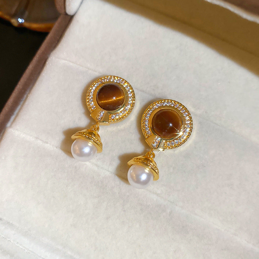 14k真金電鍍中古風鋯石虎眼石耳環輕奢高級感耳釘時尚個性耳飾女