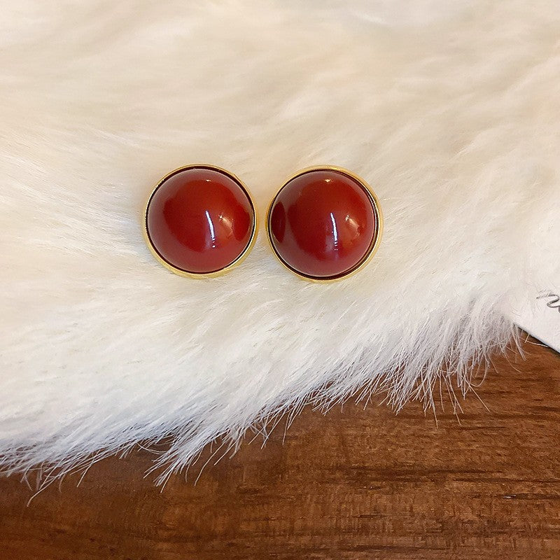 銀針新年紅色花朵植絨耳釘女復古小眾耳環時尚百搭耳飾秋冬高級感