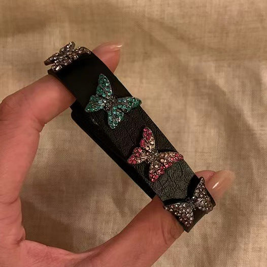 新中式國風鑲鉆蝴蝶皮革手鏈復古度假風手環小眾設計感手飾批發女