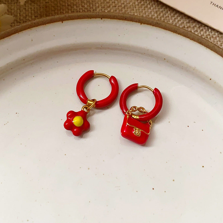 紅色琺瑯珍珠簡約耳環