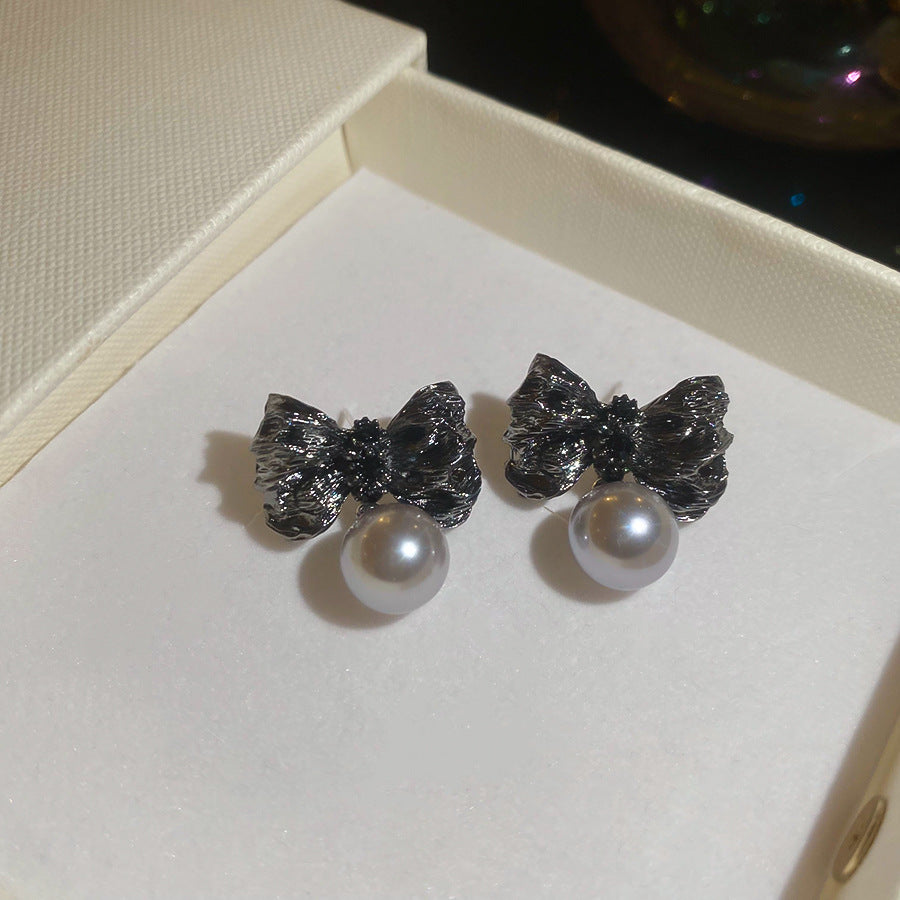 銀針褶皺蝴蝶結珍珠耳釘復古氣質耳環小眾日常通勤耳飾輕奢高級感