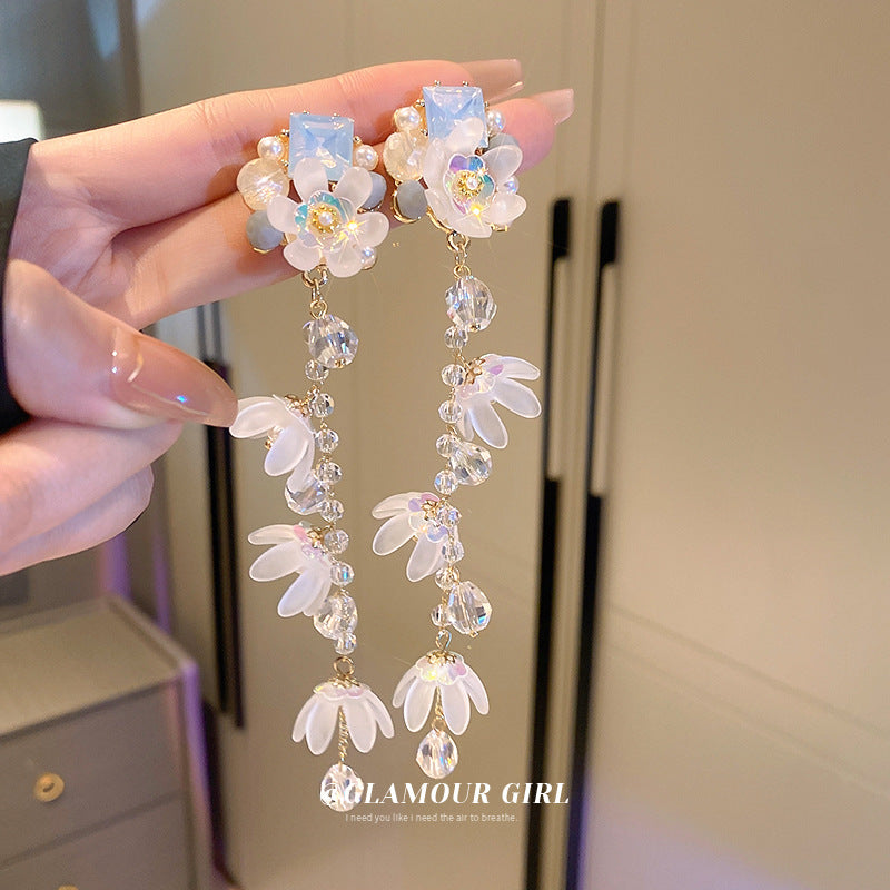 銀針人造珍珠水晶款花朵流蘇耳環少女心甜美耳釘耳墜小清新耳飾女