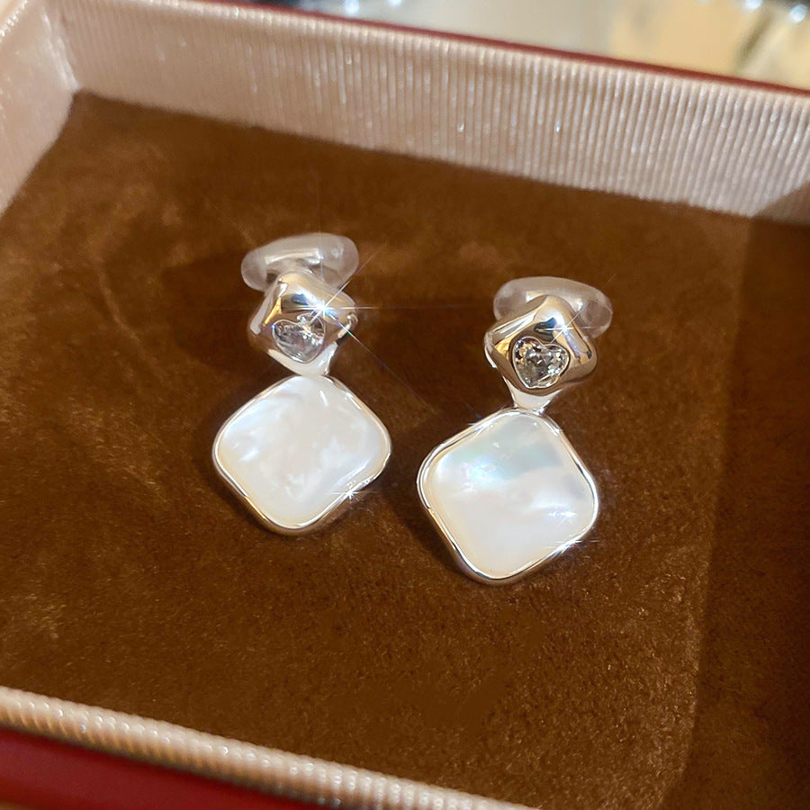 耳夾~18k真金電鍍鋯石貝母菱形時尚個性氣質設計感小眾無耳洞耳飾
