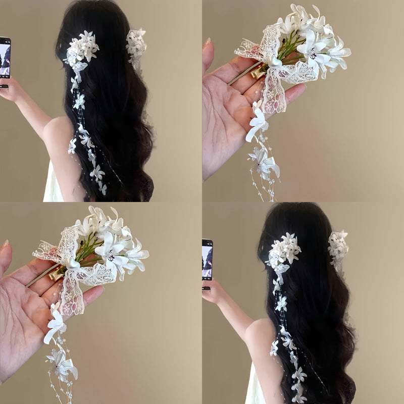 布藝花朵蕾絲珍珠流蘇發夾度假風清新甜美鴨嘴夾小眾高級感發飾女