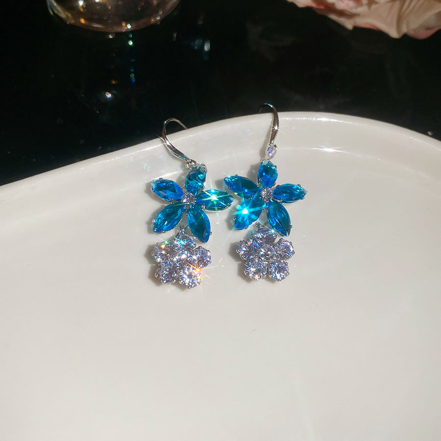 鋯石花朵葉子水滴吊墜項鏈耳環套裝輕奢重工鎖骨鏈時尚高級感飾品