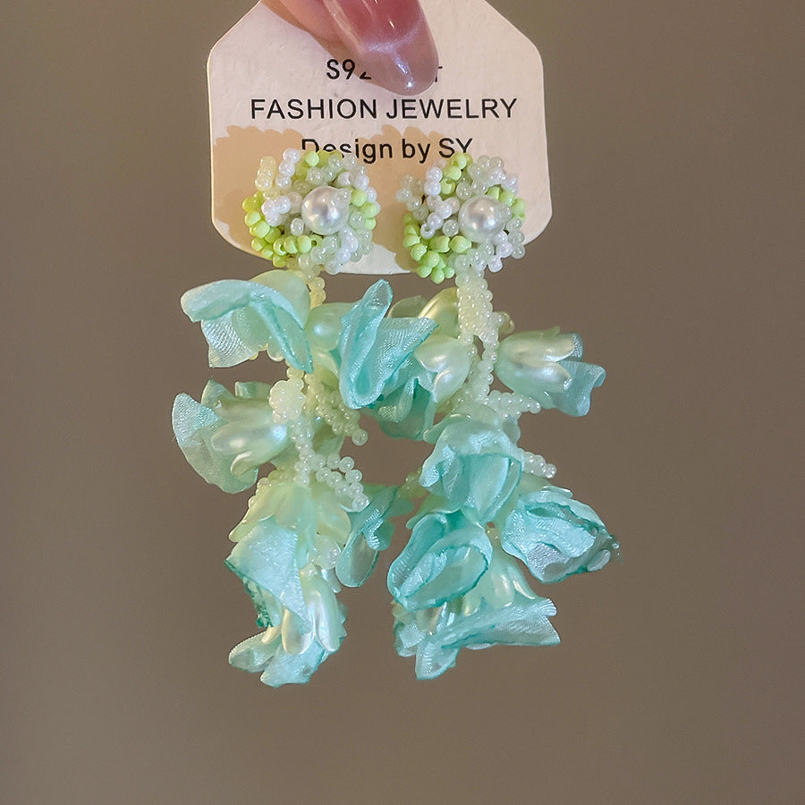 銀針鈴蘭春信!綠色鈴蘭花珍珠耳環氛圍感海邊度假風花瓣耳釘耳飾