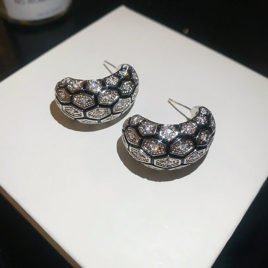 18k真金電鍍鋯石格紋耳釘中古vintage輕奢高級感耳環時尚小眾耳飾