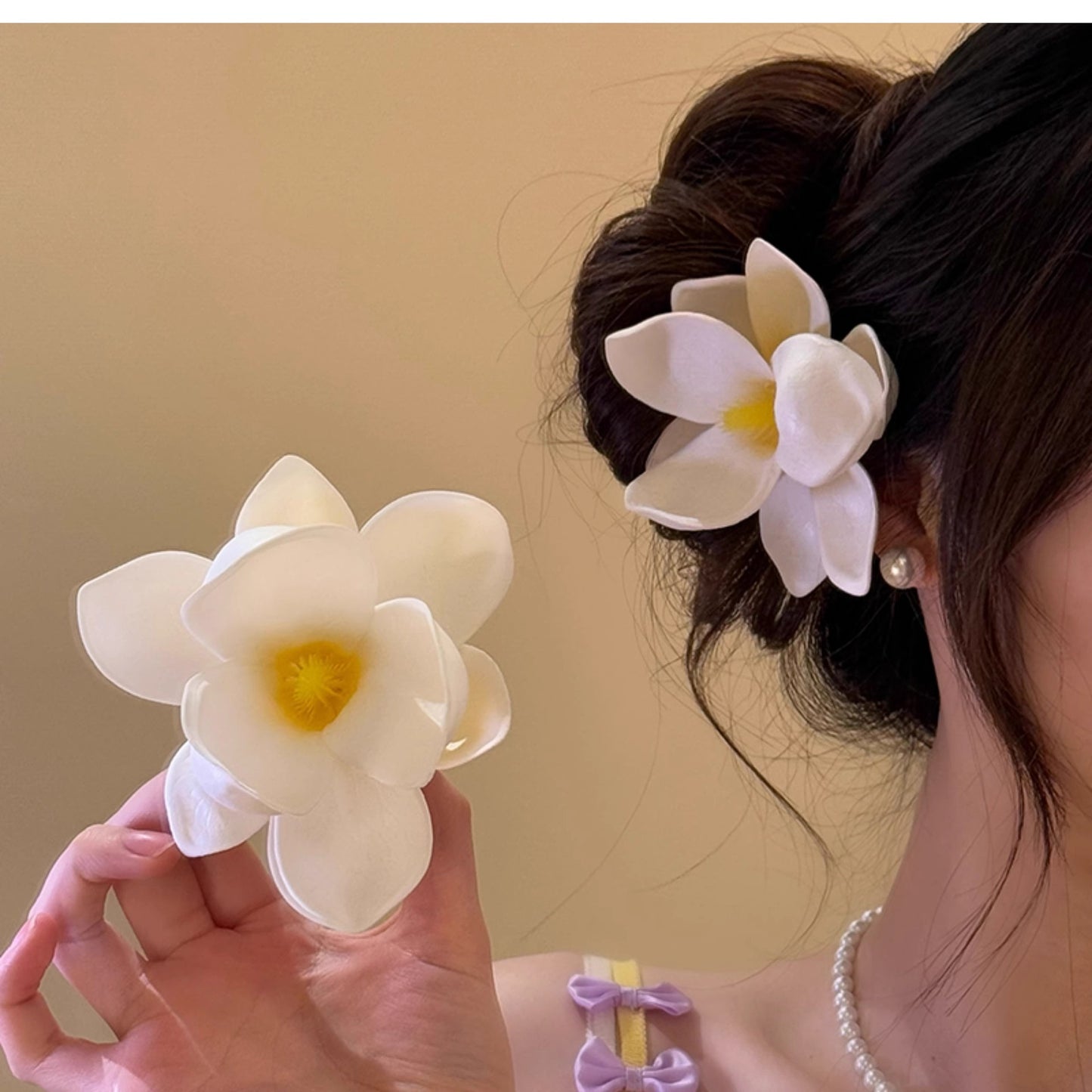 雞蛋花布藝花朵發夾女時尚百搭側邊鴨嘴夾小眾設計氣質度假風發飾