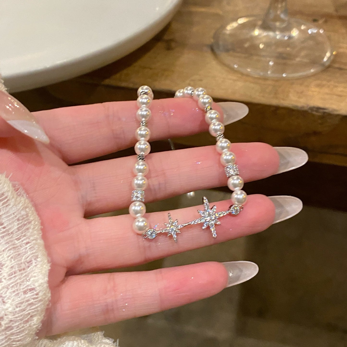 18k真金電鍍珍珠串珠鋯石芒星手鏈女小眾設計感手環時尚輕奢手飾