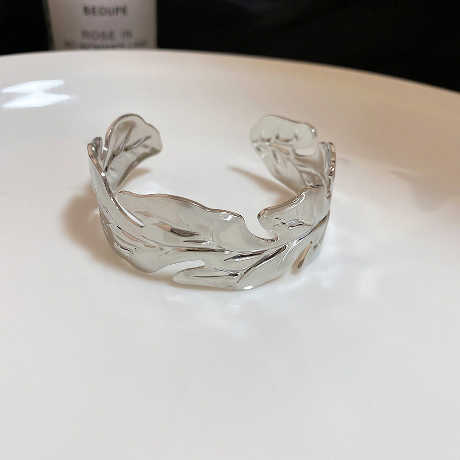 歐美金屬樹葉紋路開口手鐲個性夸張簡約時尚手環輕奢高級感手飾女