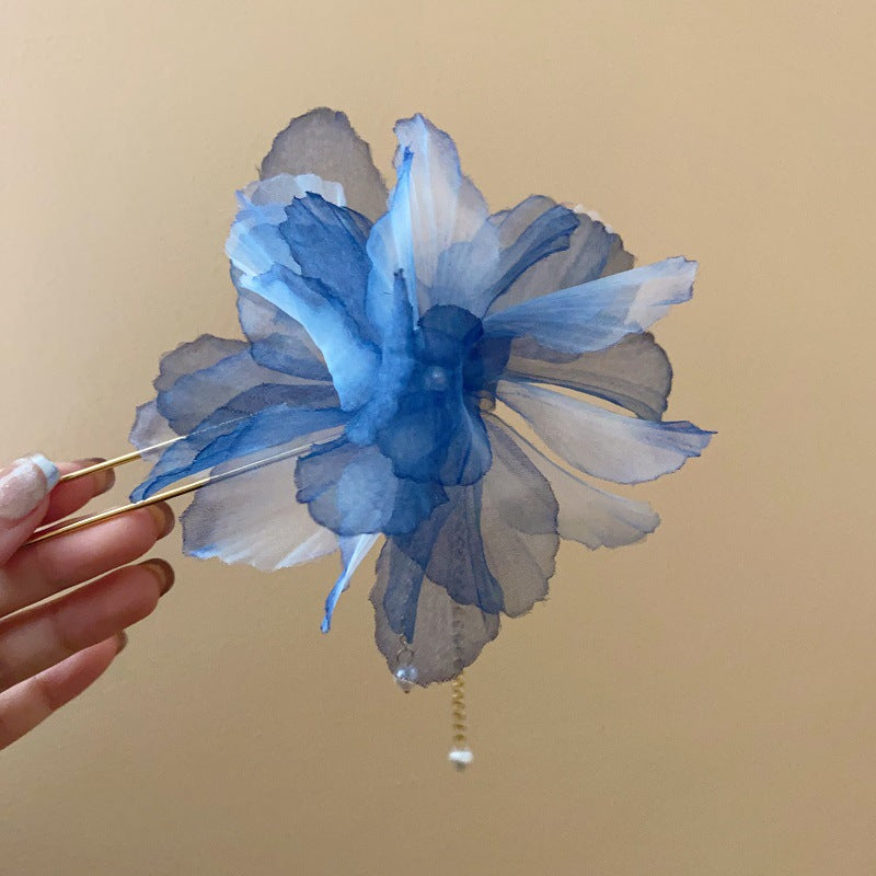 珍珠布面花朵流蘇髮簪