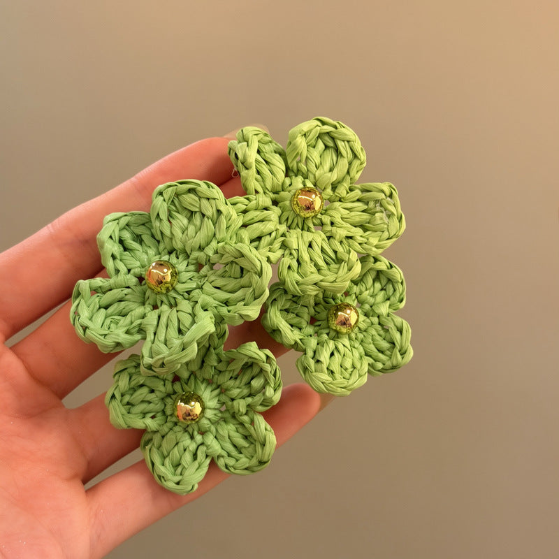 銀針拉菲草花朵耳釘簡約時尚海島夏日度假風耳環設計感小眾耳飾女
