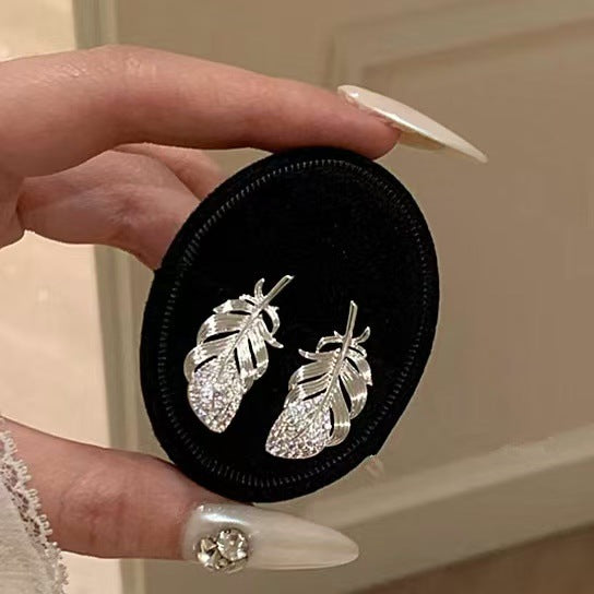 銀針金屬碎鉆羽毛耳釘精致獨特小眾設計耳環輕奢高級感漂亮耳飾女