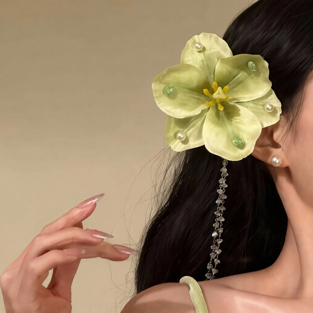簡約布藝花朵流蘇發夾精致百搭高級感鴨嘴夾甜美小清新法發飾頭飾