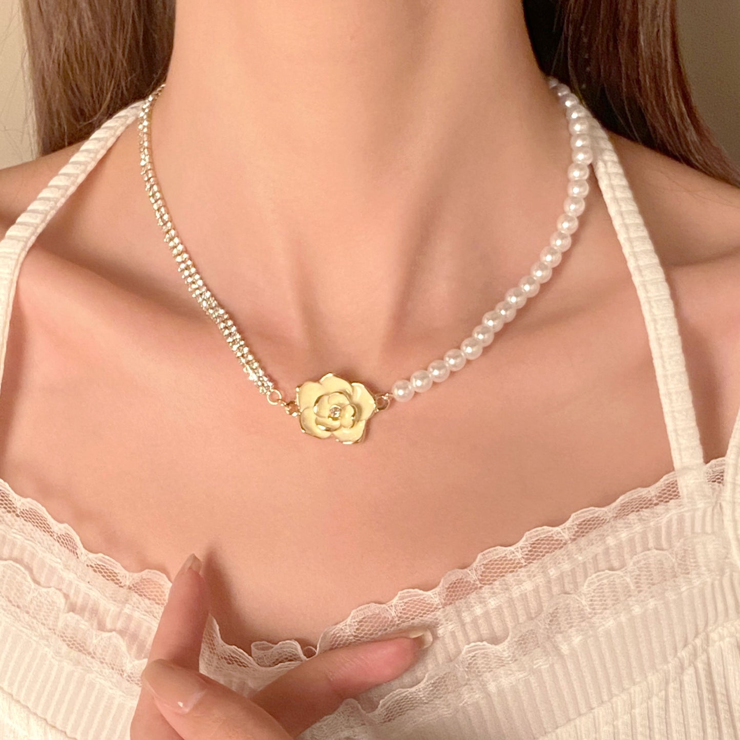 珍珠琺瑯玫瑰墜飾項鍊