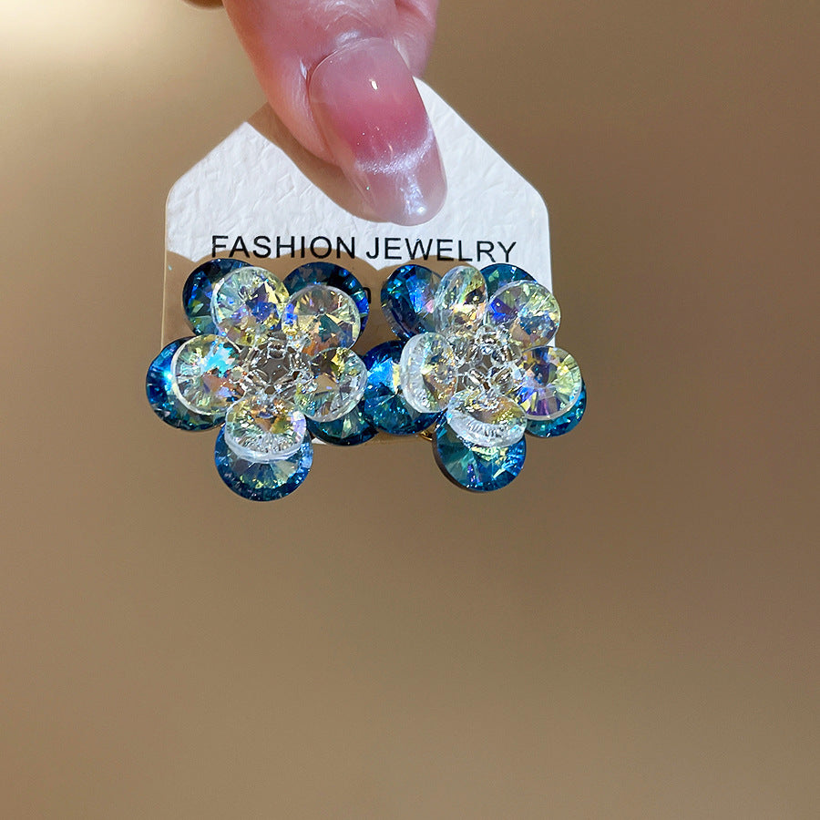 銀針多巴胺幻彩水晶花朵耳釘森系小清新時髦耳環設計感小眾耳飾女
