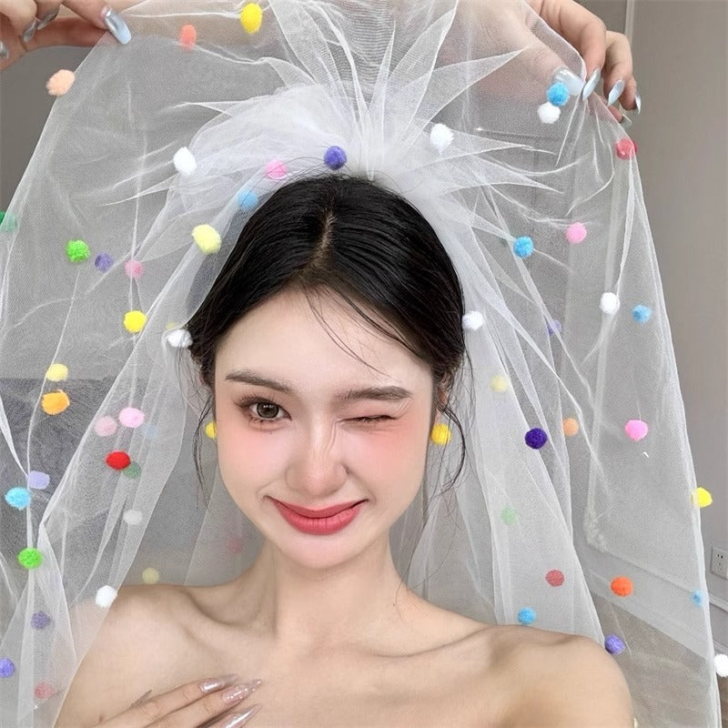毛球手工頭紗手套生日拍照派對婚禮領證多巴胺少女裝飾拍照道具品