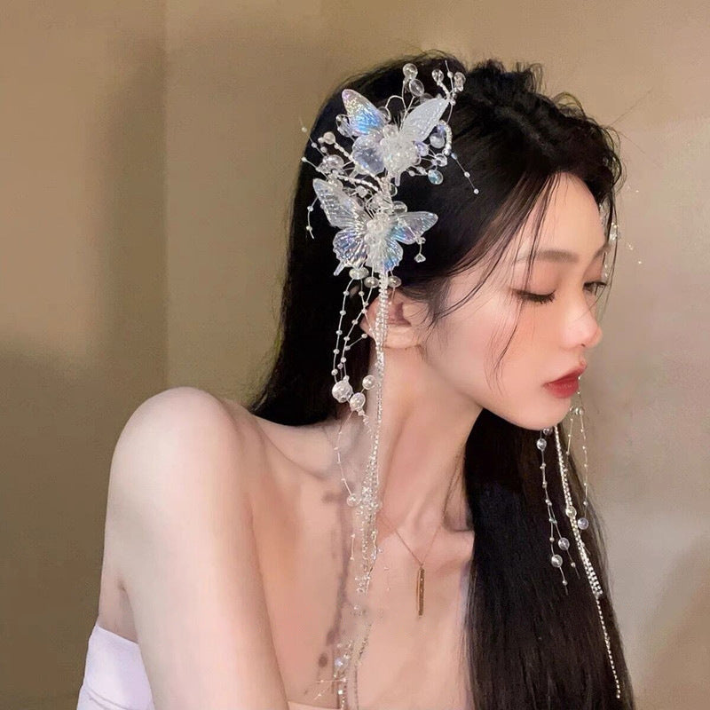 鑲鉆蝴蝶流蘇彈簧夾仙女氣質甜美設計發夾時尚高級感仙氣發飾批發