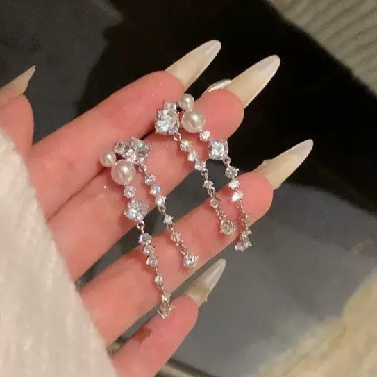 銀針鋯石圓形流蘇珍珠耳釘法式氣質優雅小眾耳環輕奢高級感耳飾女