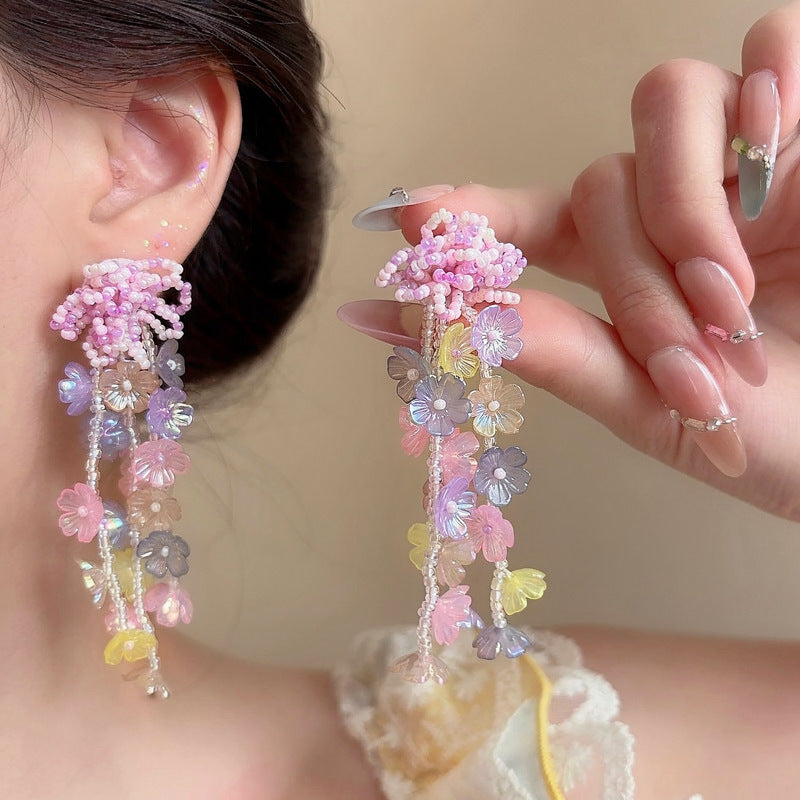 銀針水晶花朵流蘇耳釘甜美少女氣質優雅百搭耳環輕奢高級感耳飾女