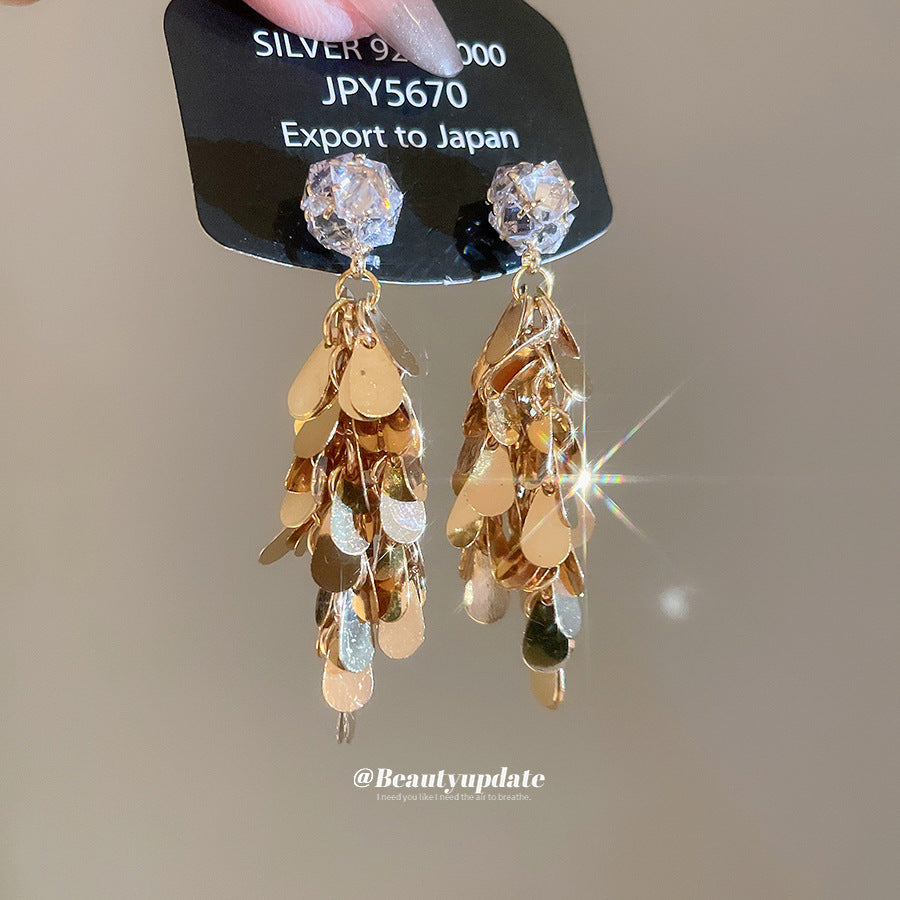 銀針歐美金屬感鋯石水滴亮片流蘇耳環時尚耳墜耳釘輕奢高級感耳飾