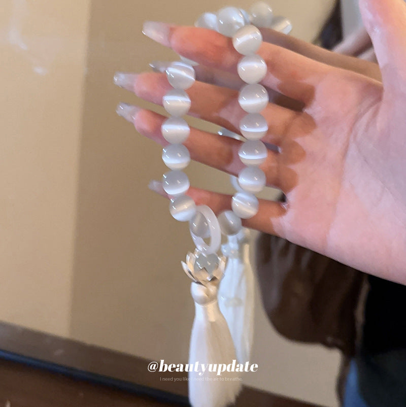 貓眼石蓮花花朵流蘇手鏈新中式個性網紅手串國潮復古高級感手飾