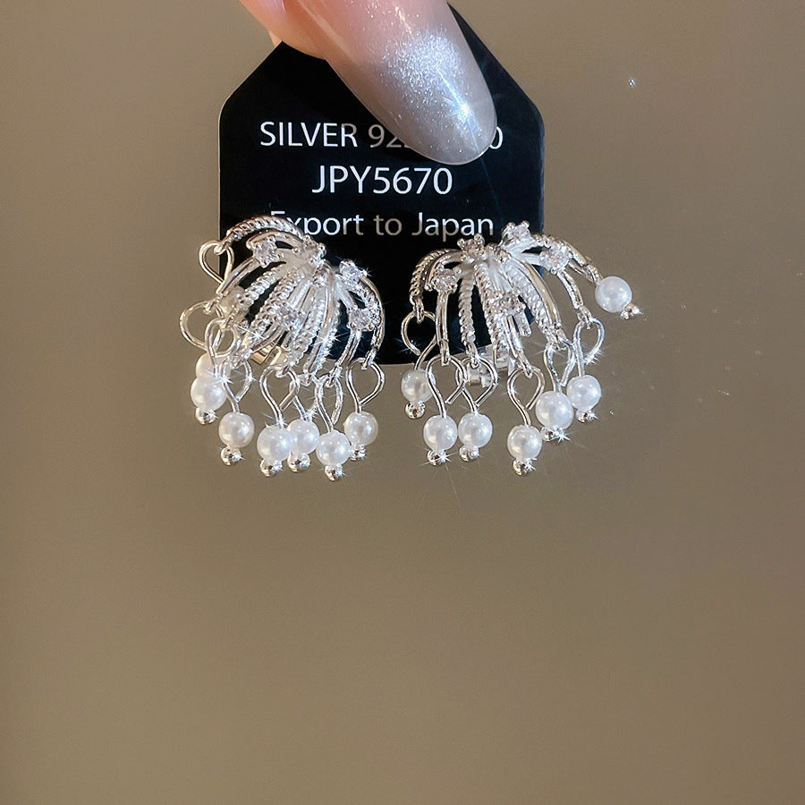 18k真金電鍍鋯石煙花珍珠耳夾時尚小眾氣質耳環輕奢高級感耳飾女