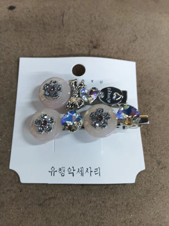 高級感輕奢鑲鉆蝴蝶結樹脂圓形花朵發夾女甜美小清新鴨嘴夾發飾女