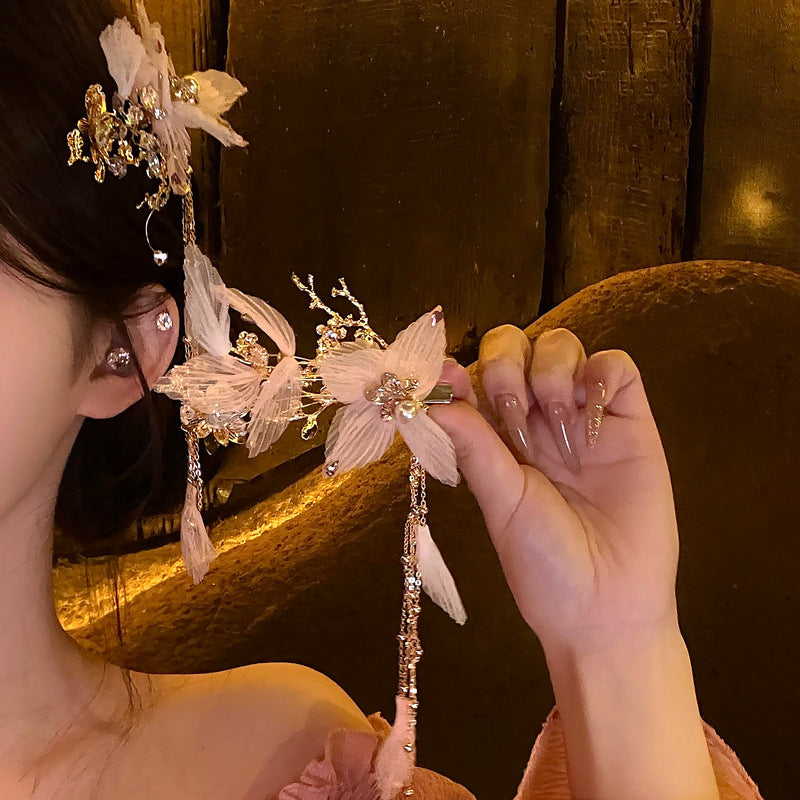 鑲鉆布藝珍珠花朵花瓣流蘇發夾超仙甜美氣質鴨嘴夾輕奢高級感發飾
