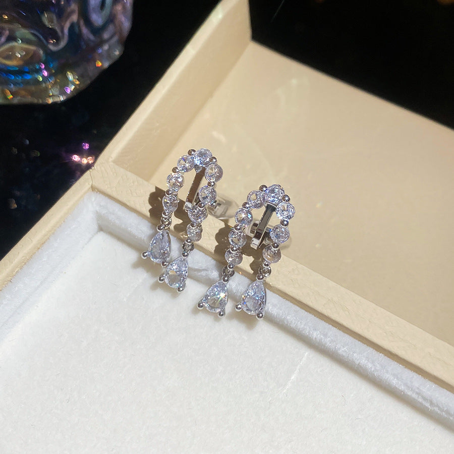 耳夾~18k真金電鍍鋯石水滴流蘇簡約輕奢高級感蚊香盤無耳洞耳飾女