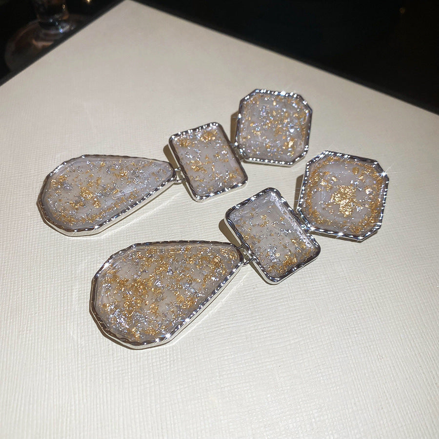 銀針樹脂方形水滴吊墜耳釘復古輕奢高級感耳環歐美跨境夸張耳飾女