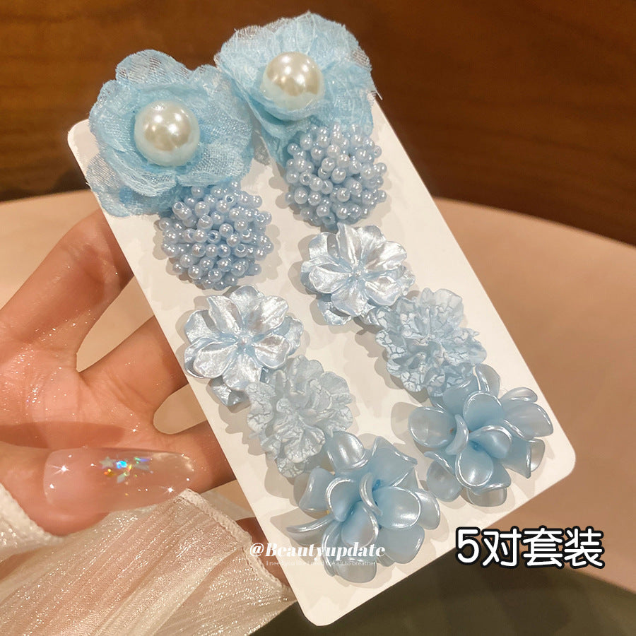 銀針花朵珍珠藍色耳釘套裝清新超仙耳環輕奢高級感耳飾設計感小眾